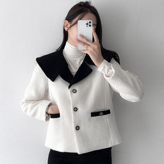 Contrast Navy Collar Tweed Coat / Black / M