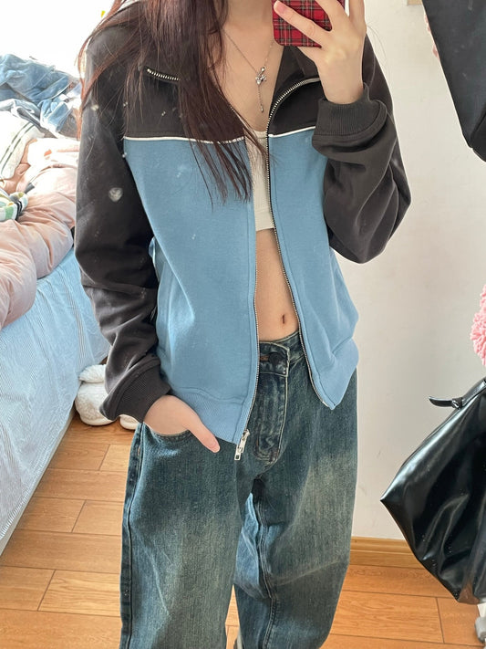 Retro Color-Block Stand Collar Zip Sweatshirt / Blue / M