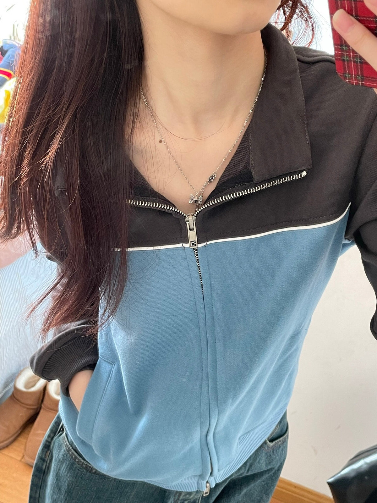 Retro Color-Block Stand Collar Zip Sweatshirt