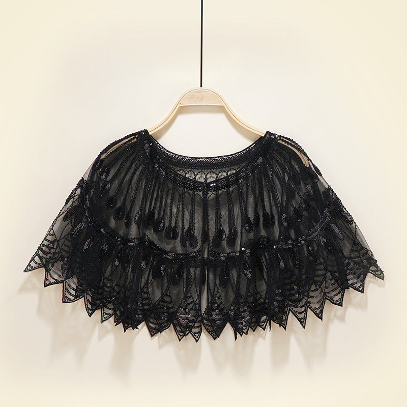 Vintage Sequin Fringe Shawl / Cape pure black / One size