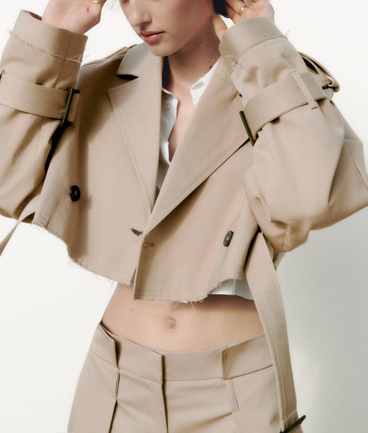 Beige Belted Long Sleeve Blazer / Beige / M