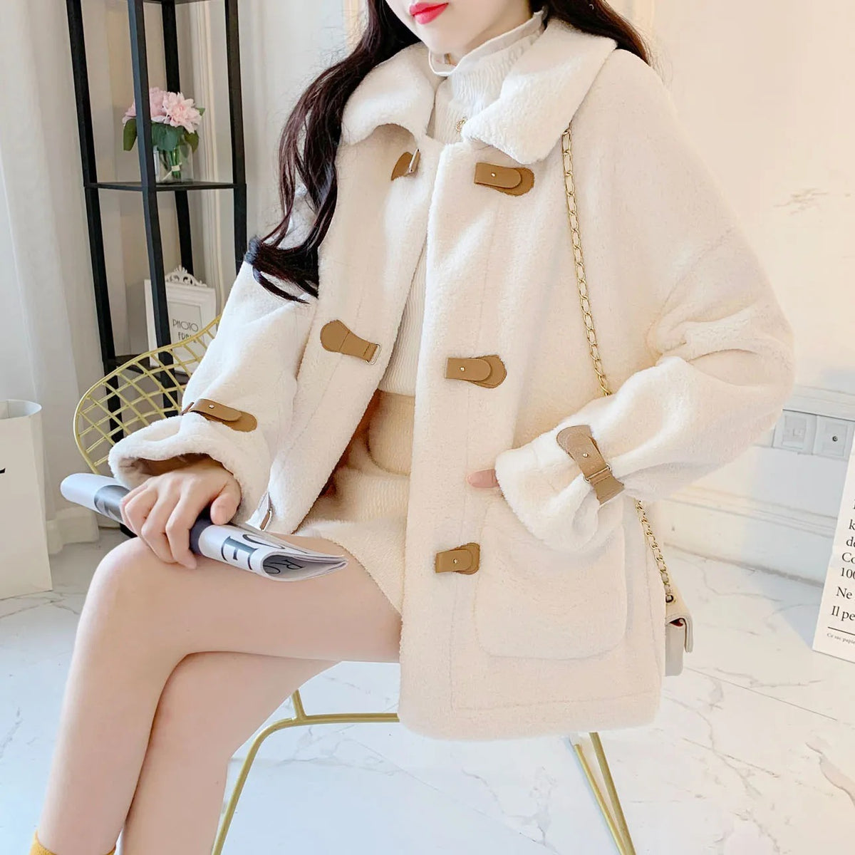 Lamb Wool Lapel Button Coat / White / XL