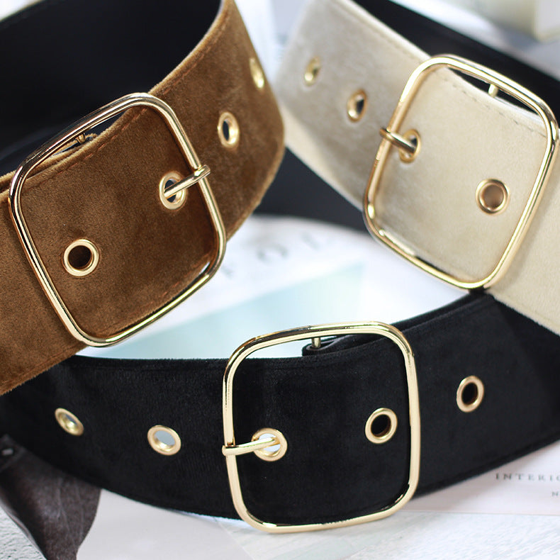 Wool-Weave Square Buckle Belt / Round button apricot