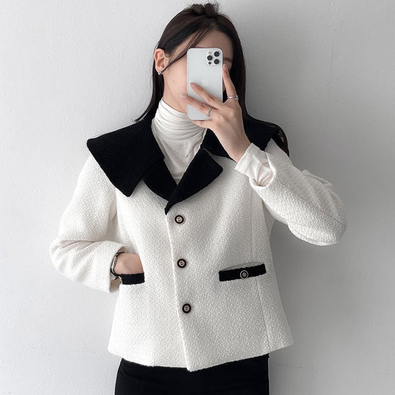 Contrast Navy Collar Tweed Coat / Black / M