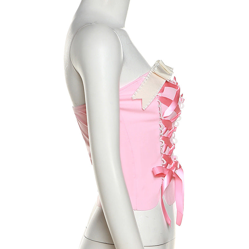 Pink Off-Shoulder Strappy Crop Top / Pink / S