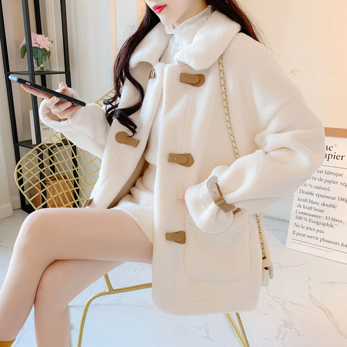 Lamb Wool Lapel Button Coat / White / L