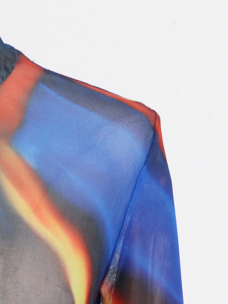 Blue Tie-Dye Stand Collar Asymmetric Maxi Dress / Blue / S