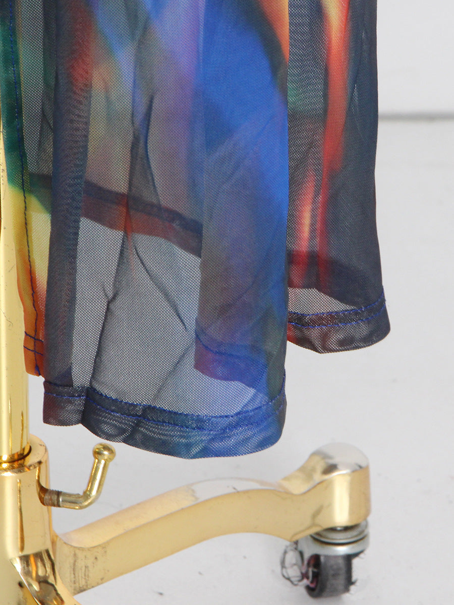 Blue Tie-Dye Stand Collar Asymmetric Maxi Dress