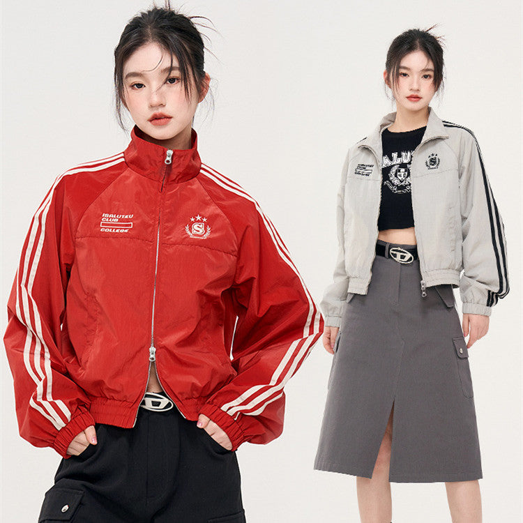 Striped Sleeve Stand Collar Zip Jacket / Red / S