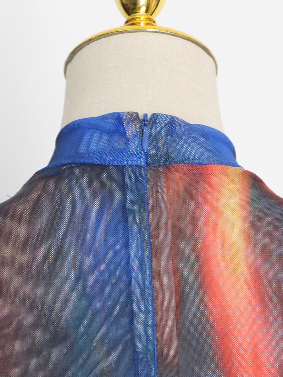 Blue Tie-Dye Stand Collar Asymmetric Maxi Dress