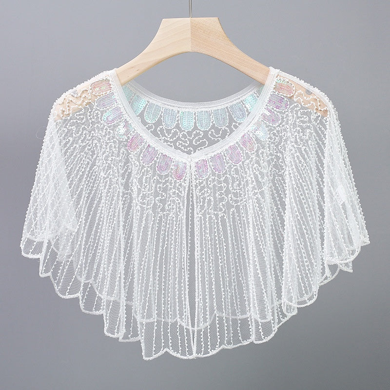Vintage Sequin Fringe Shawl / Cape white / One size