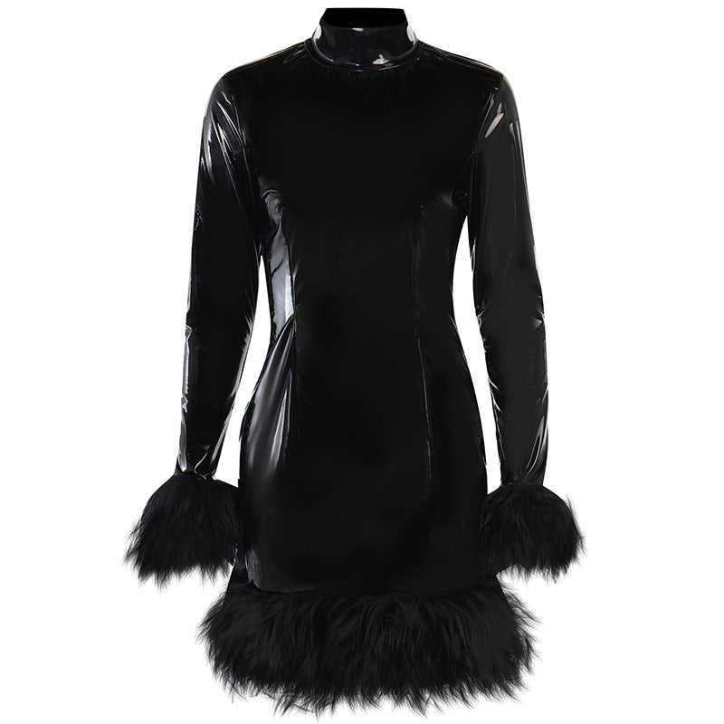 Black High Neck Slim-Fit Long Sleeve Dress / Black / L