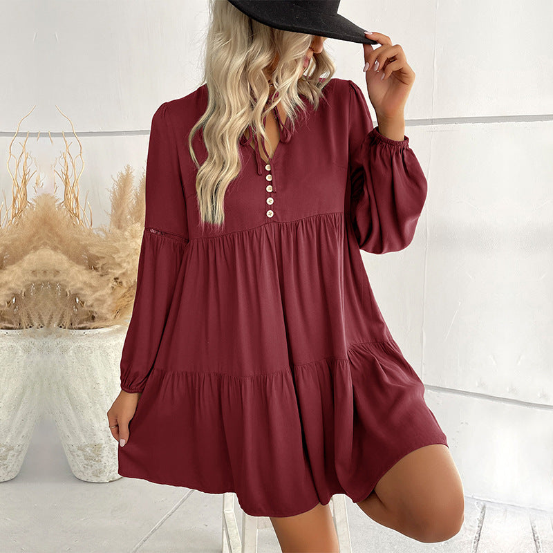Solid Long Sleeve Loose Dress / Army Green / L