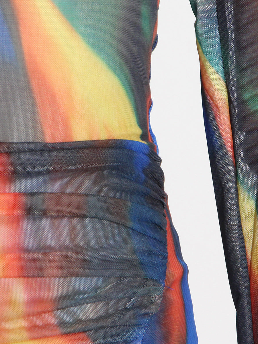 Blue Tie-Dye Stand Collar Asymmetric Maxi Dress