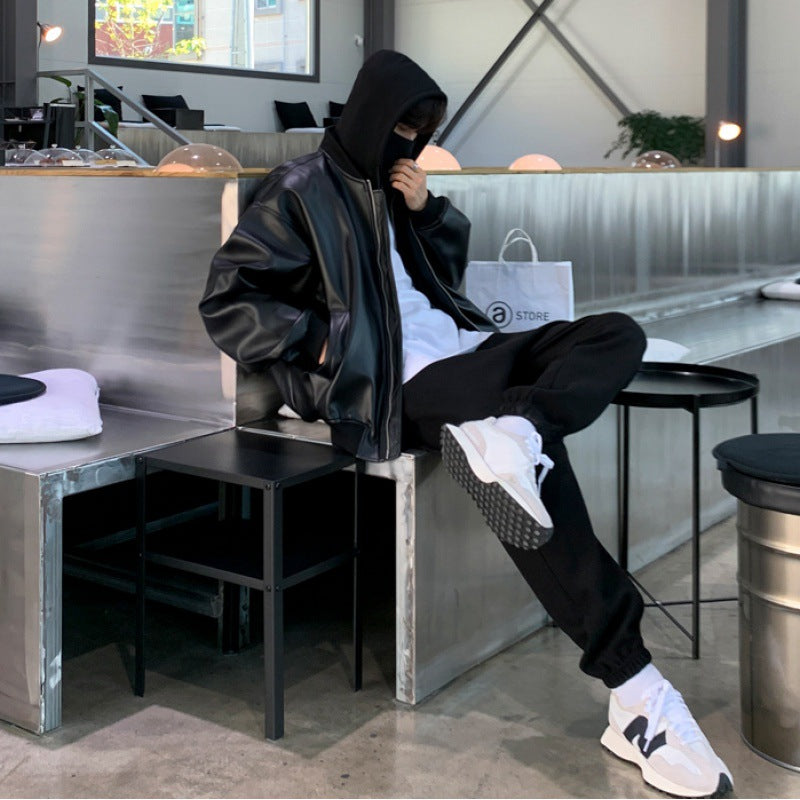 Patchwork Hooded Horse Leather Jacket / Black / M