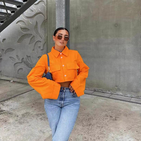 Solid Pocket Loose Cardigan Shirt / Orange / S