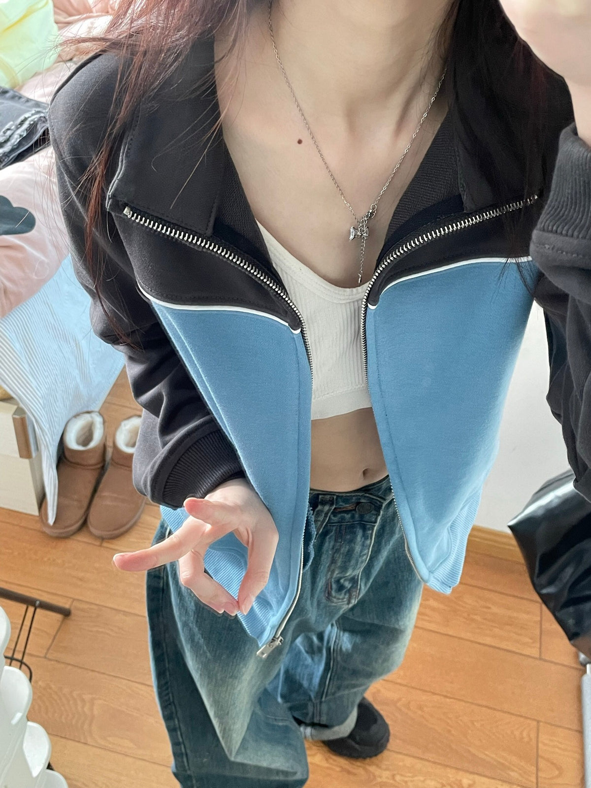 Retro Color-Block Stand Collar Zip Sweatshirt / Blue / XL