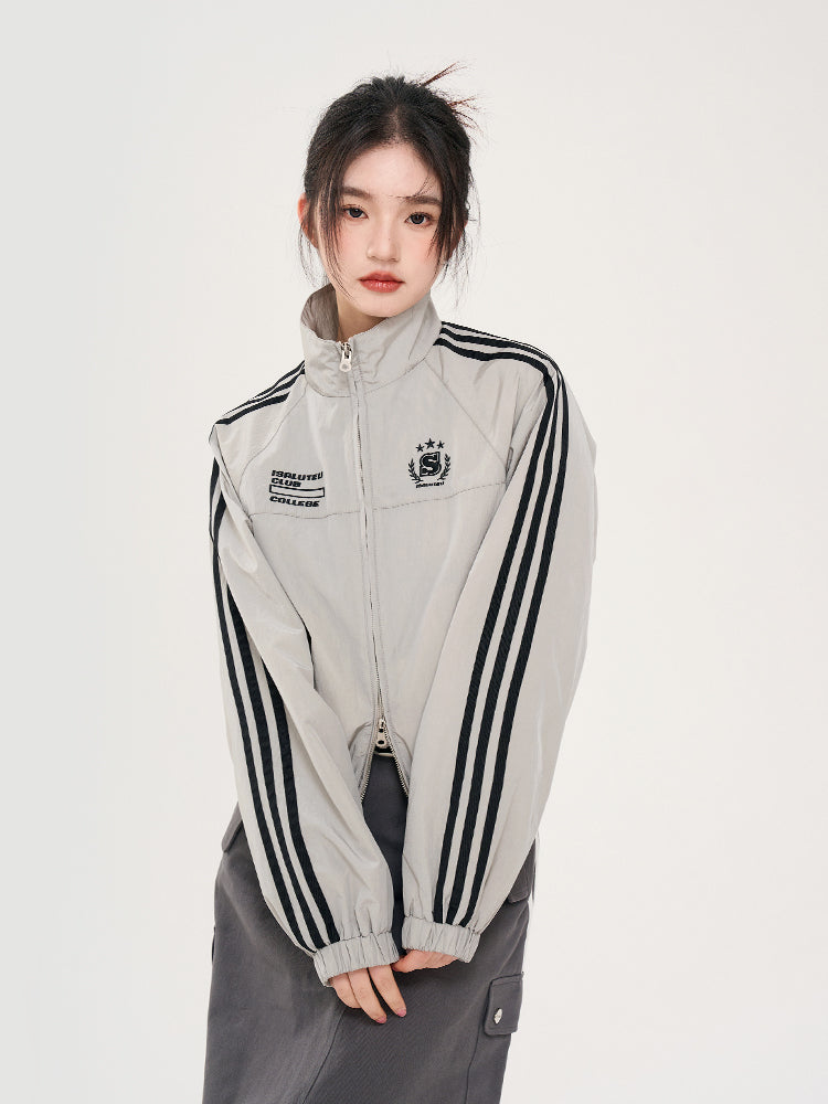 Striped Sleeve Stand Collar Zip Jacket / Gray / L
