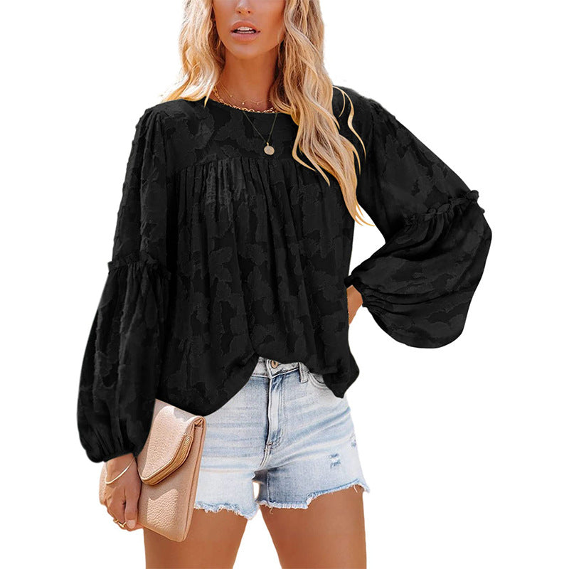 Floral Jacquard Lantern Sleeve Blouse / White / 2XL