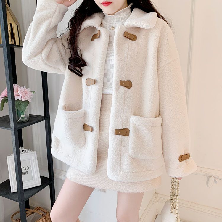Lamb Wool Lapel Button Coat / White / M