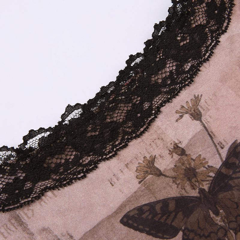 Brown Lace Patchwork Sleeveless Top / Brown / M