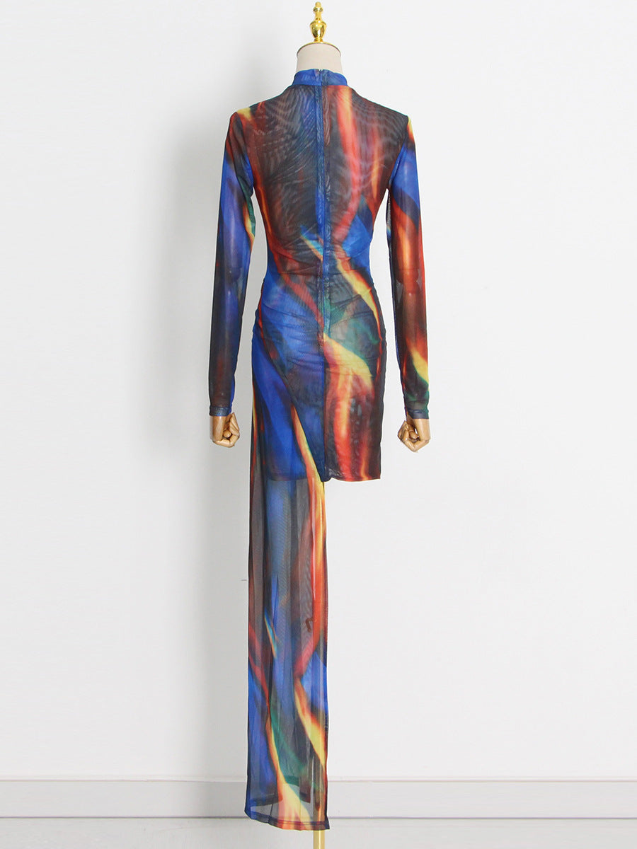 Blue Tie-Dye Stand Collar Asymmetric Maxi Dress / Blue / L