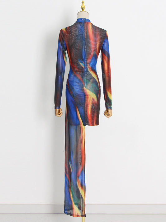 Blue Tie-Dye Stand Collar Asymmetric Maxi Dress / Blue / L