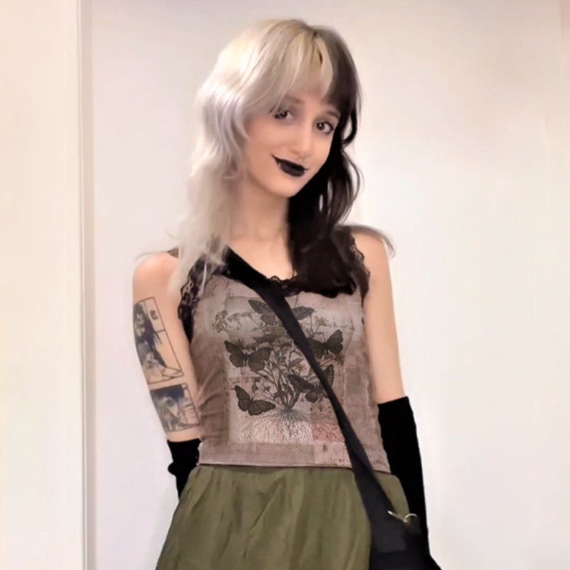 Brown Lace Patchwork Sleeveless Top / Brown / L