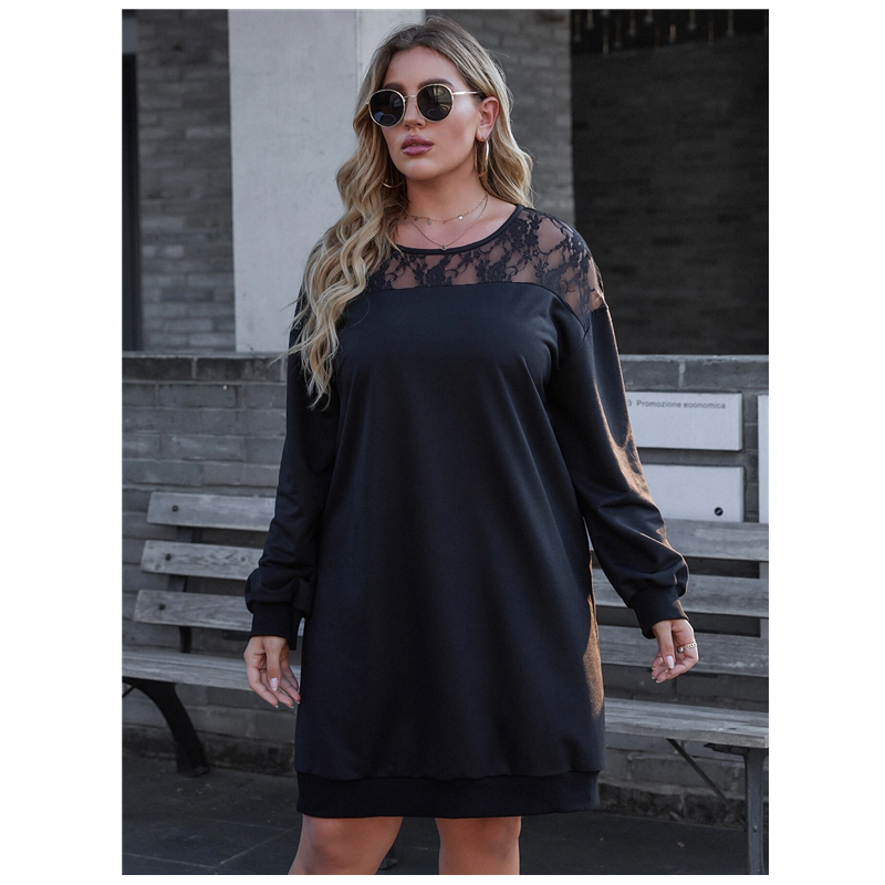 Black Lace-Trim Round Neck Sweatshirt Dress / Black / 6XL