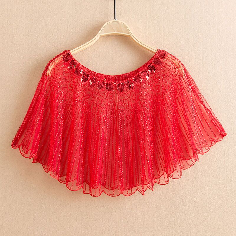 Vintage Sequin Fringe Shawl / Cape big red / One size