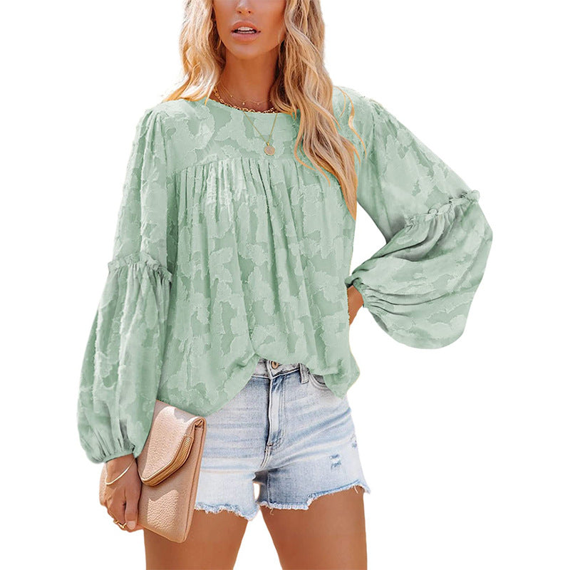 Floral Jacquard Lantern Sleeve Blouse / Yellow / XL