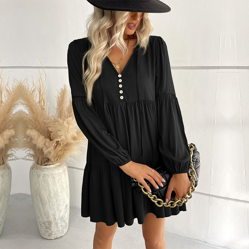 Solid Long Sleeve Loose Dress / Navy Blue / S