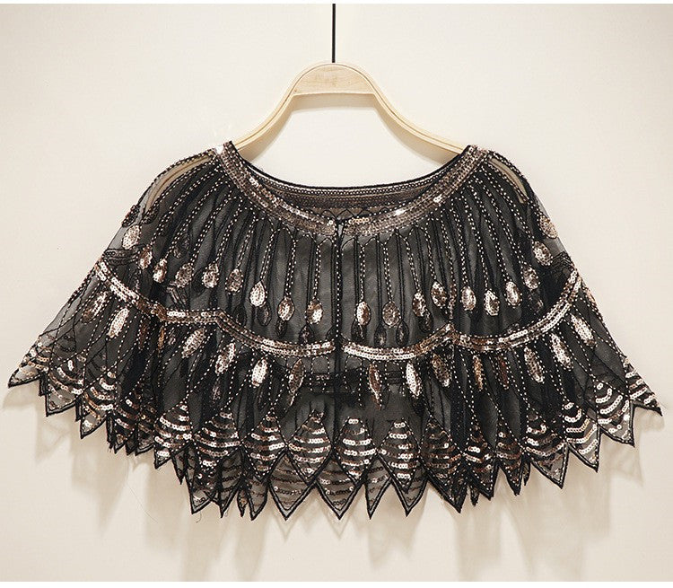 Vintage Sequin Fringe Shawl / Cape Black Gold / One size