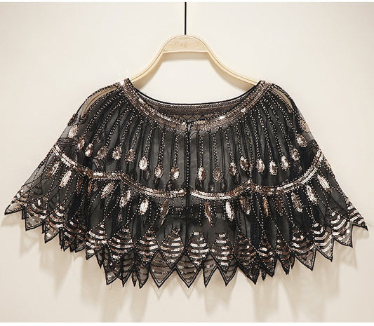 Vintage Sequin Fringe Shawl / Cape Black Gold / One size