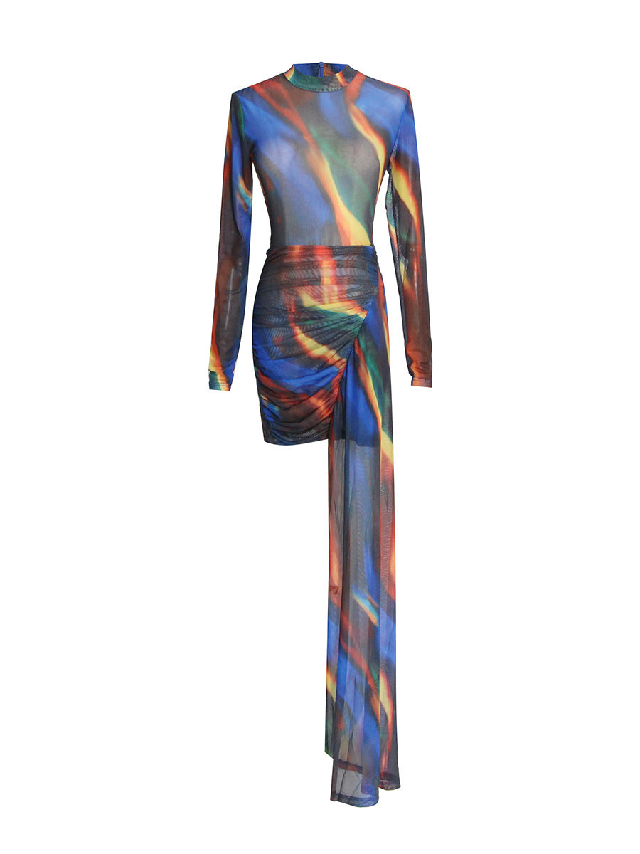 Blue Tie-Dye Stand Collar Asymmetric Maxi Dress