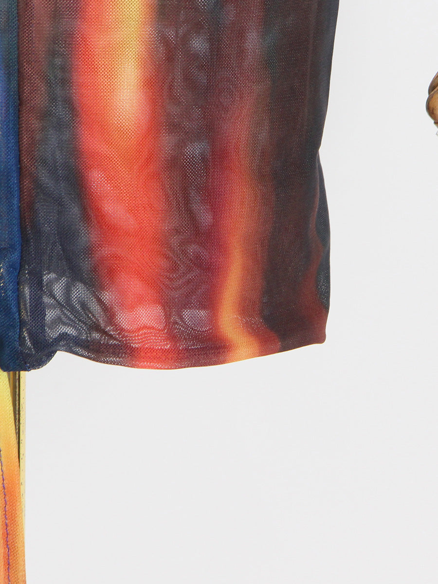 Blue Tie-Dye Stand Collar Asymmetric Maxi Dress