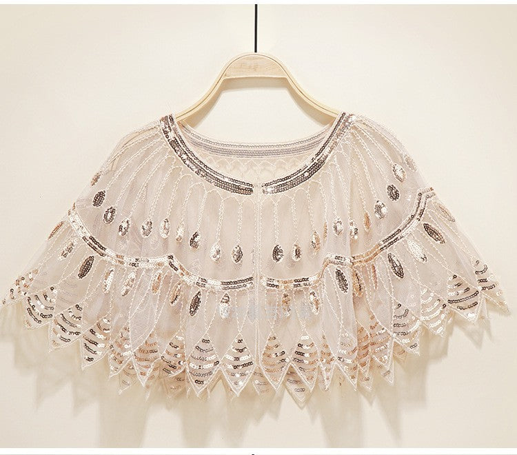Vintage Sequin Fringe Shawl / Cape Apricot / One size