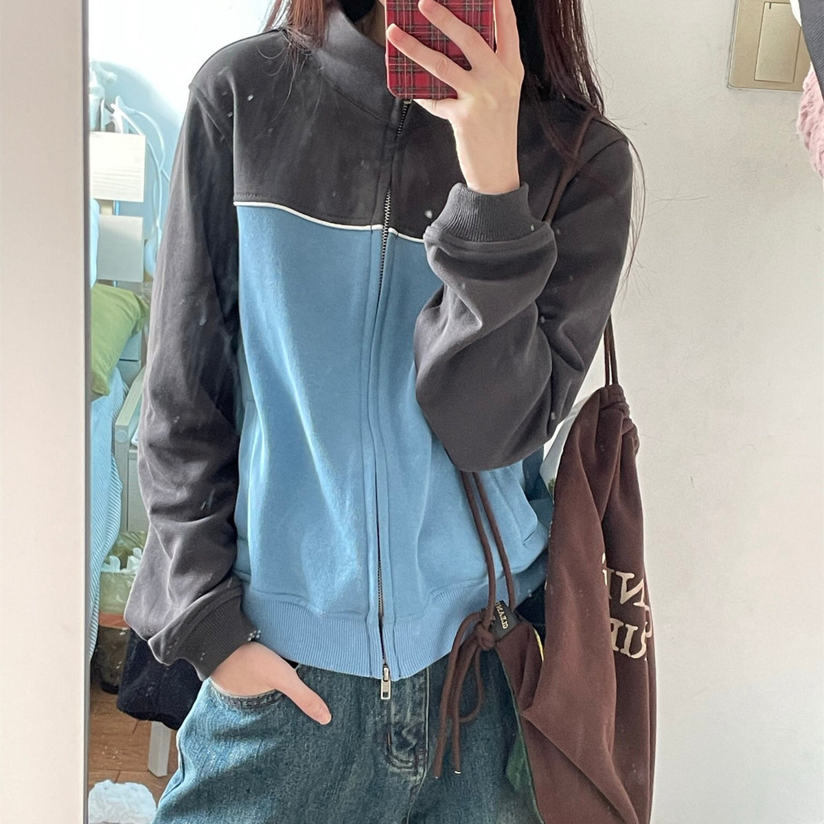 Retro Color-Block Stand Collar Zip Sweatshirt / Blue / S