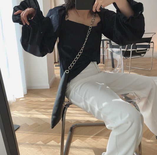 White Square Neck Off-Shoulder Blouse / Black / One size