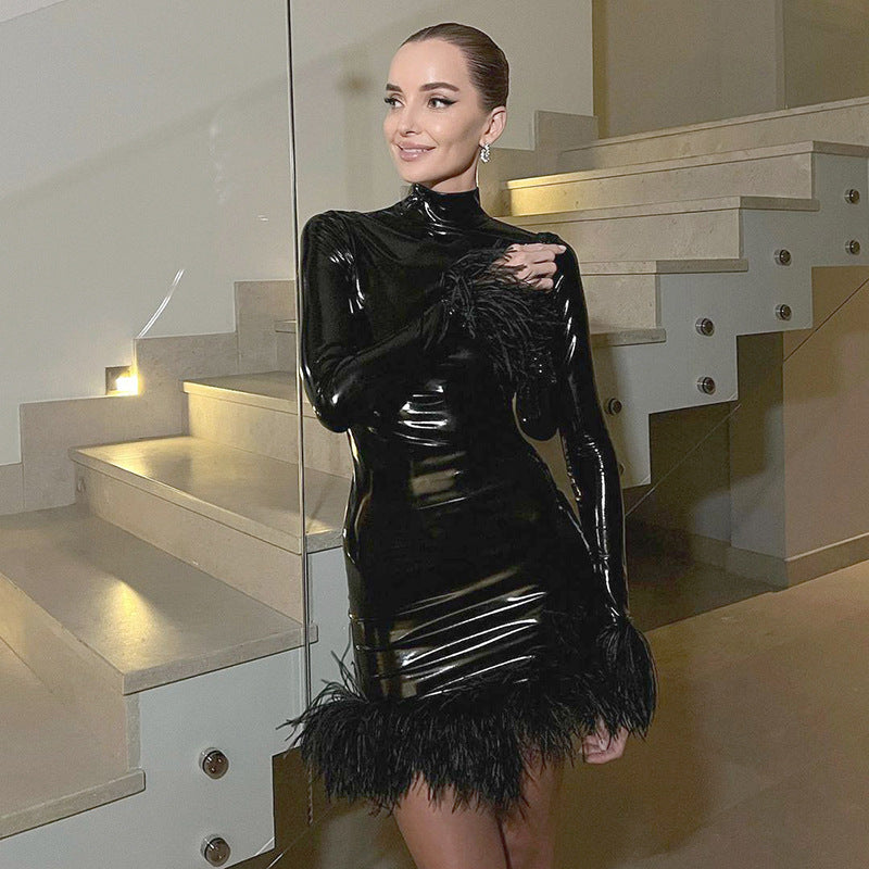 Black High Neck Slim-Fit Long Sleeve Dress