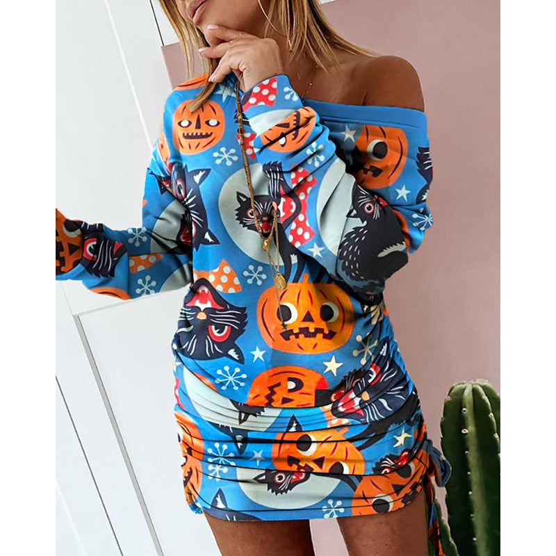 Color-Block Print Asymmetric Long Sleeve Dress / Black / L