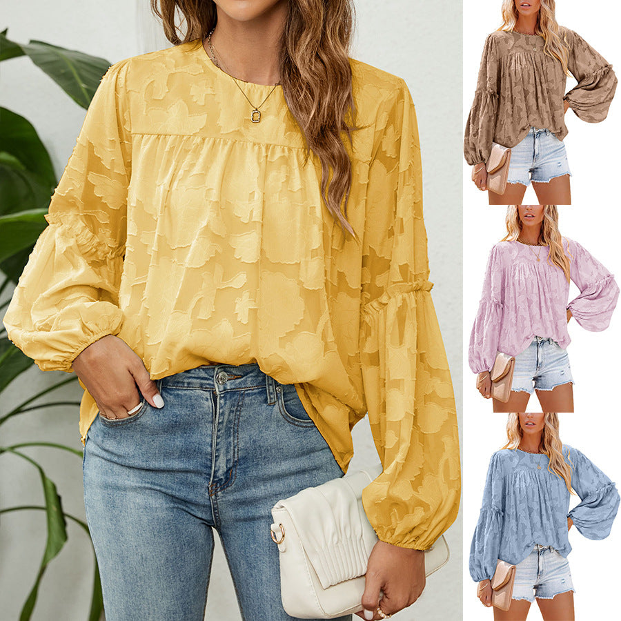 Floral Jacquard Lantern Sleeve Blouse / White / S