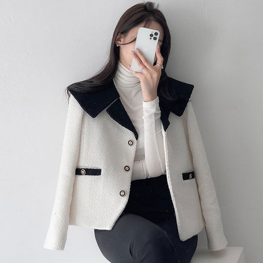 Contrast Navy Collar Tweed Coat / Black / S