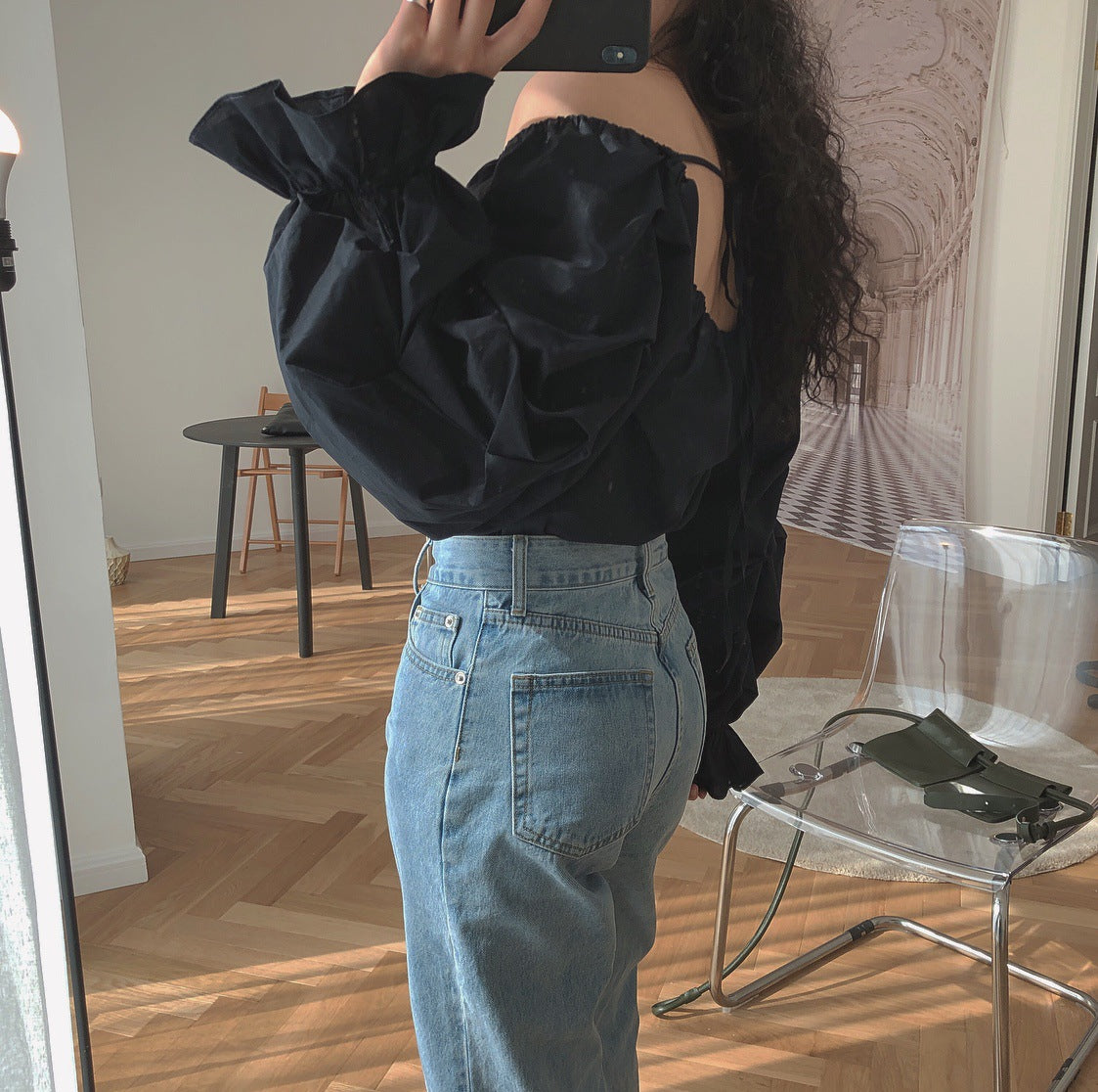 White Square Neck Off-Shoulder Blouse