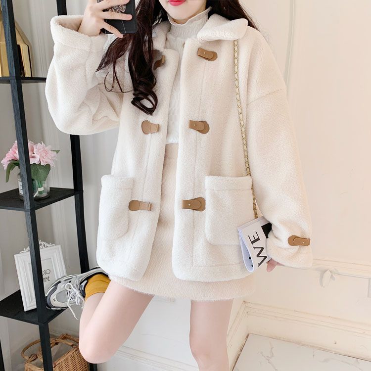 Lamb Wool Lapel Button Coat / White / S