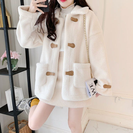 Lamb Wool Lapel Button Coat / White / S