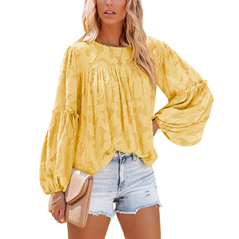 Floral Jacquard Lantern Sleeve Blouse / White / L