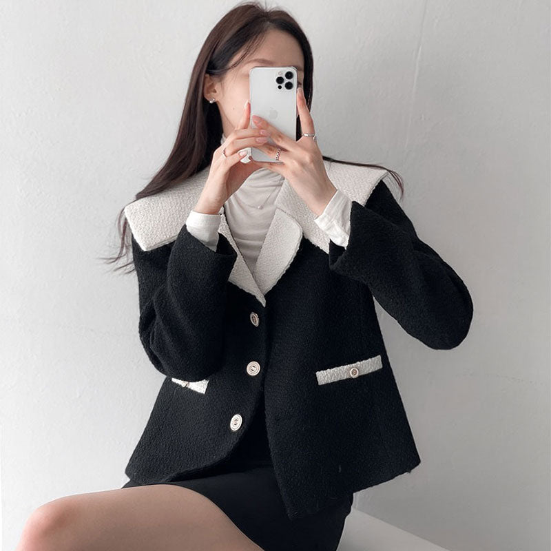 Contrast Navy Collar Tweed Coat / Black / XL