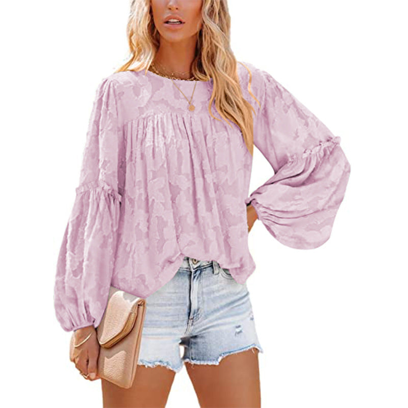 Floral Jacquard Lantern Sleeve Blouse / Yellow / S