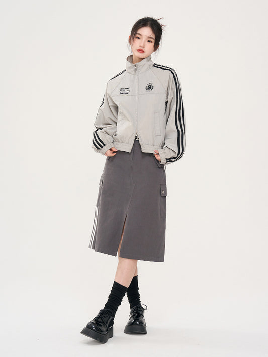 Striped Sleeve Stand Collar Zip Jacket / Red / M